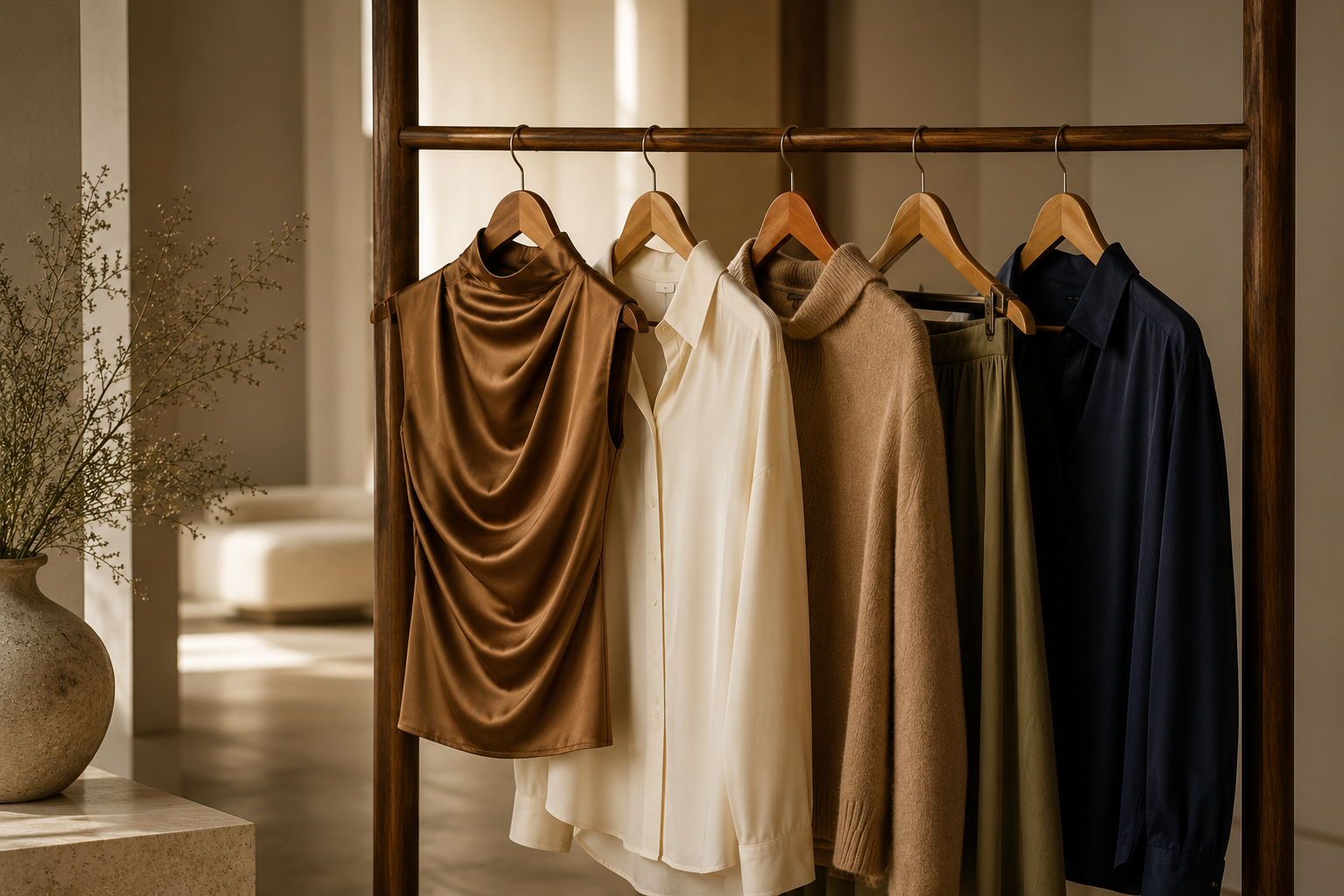 A curated rack of luxurious clothing in dusty rose, sage and cream