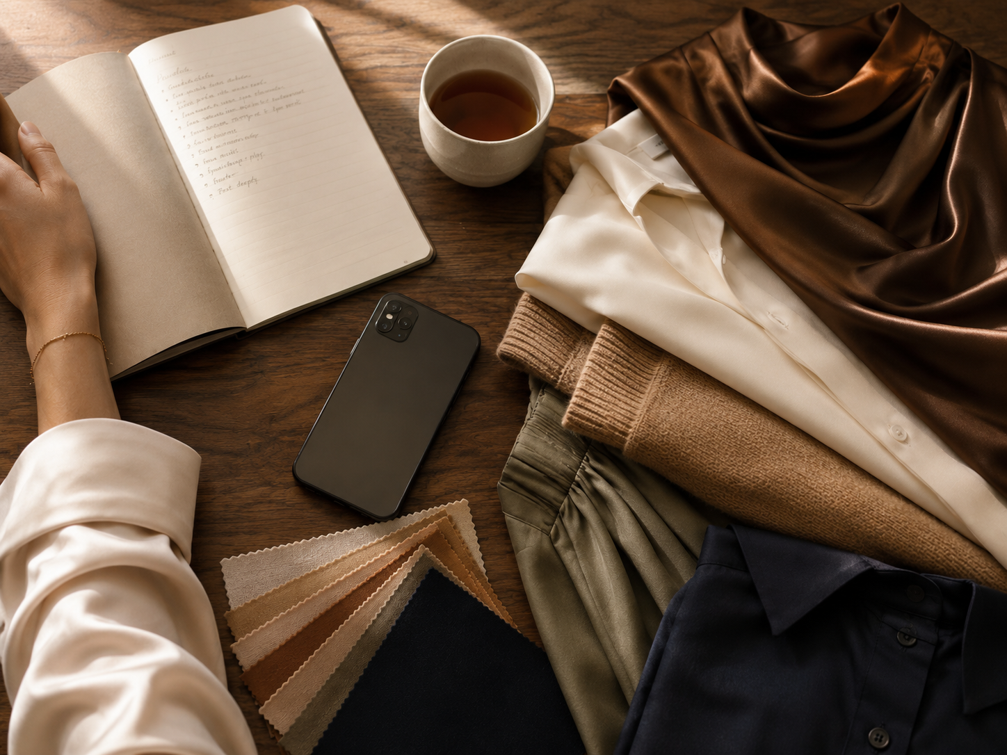A phone, notebook and fabric swatches — modern styling tools